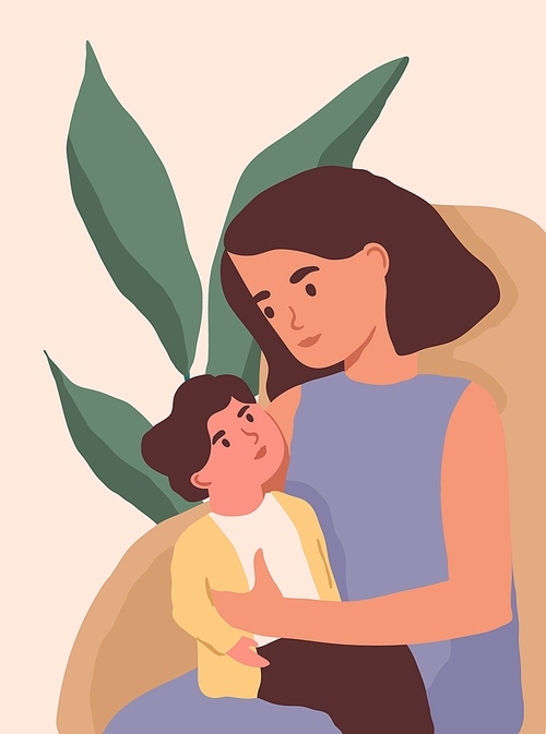 Vertical portrait of mother and little child looking at each other. Mom with baby on her knees. Colored flat vector illustration of incomplete family with young mom and son.