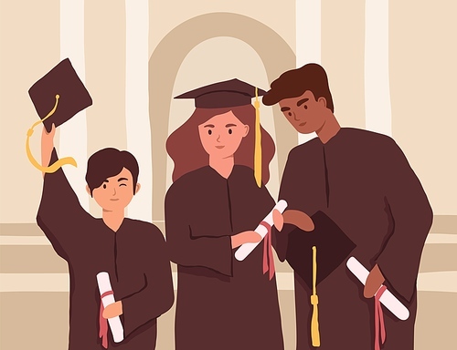 Young graduates holding diplomas during college graduation. Diverse students in caps and gowns. Multiracial university friends. Colored flat vector illustration of people with bachelor's degrees.
