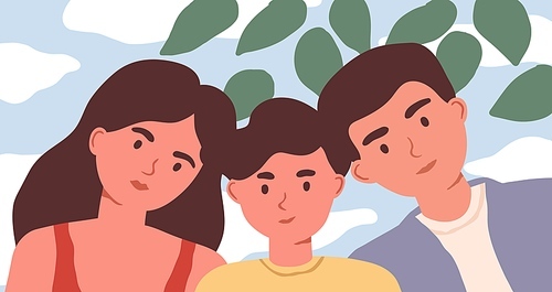 Family selfie portrait of mother, father and child. Dad, mom and son on nature background. Colored flat vector illustration of parents and teenager.