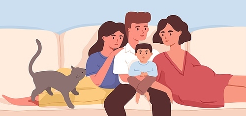 Family portrait of pregnant mother, father, children and cat. Parents, daughter, son and pet sitting on sofa at home. Colored flat vector illustration of happy dad, mom, brother and sister.