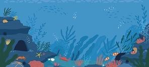 Underwater life at sea or ocean bottom. Exotic undersea world with coral reef, seaweeds and aquatic habitats in depth. Colored flat cartoon vector illustration of scenic marine landscape or seascape.