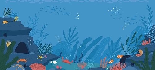 Underwater life at sea or ocean bottom. Exotic undersea world with coral reef, seaweeds and aquatic habitats in depth. Colored flat cartoon vector illustration of scenic marine landscape or seascape.