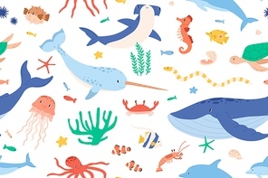 Childish seamless pattern with sea and ocean animals on white background. Cute marine underwater fauna with narwhal, whale and dolphin. Endless design. Colored flat cartoon vector illustration.