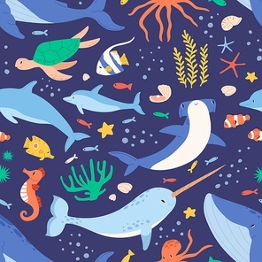 Seamless pattern with sea and ocean animals on blue background. Underwater fauna with narwhal, turtle and dolphin. Endless repeatable design for printing. Colored flat cartoon vector illustration.