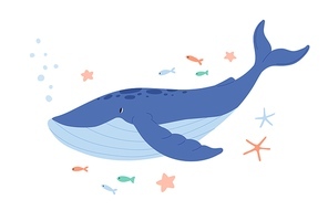 Cute blue whale swimming among starfishes and fishes in sea or ocean. Giant underwater animal. Childish colored flat vector illustration isolated on white background.