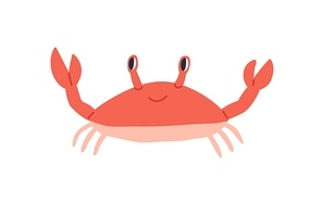 Cute red crab with funny eyes and claws. Sea creature with pincers isolated on white . Childish colored flat cartoon vector illustration of funny smiling lobster.