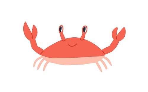 Cute red crab with funny eyes and claws. Sea creature with pincers isolated on white . Childish colored flat cartoon vector illustration of funny smiling lobster.