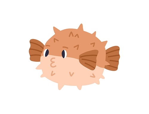 Cute pufferfish or globefish with thorns. Japanese round pfuffer fish or blowfish. Childish colored flat cartoon vector illustration of funny fugu isolated on white .