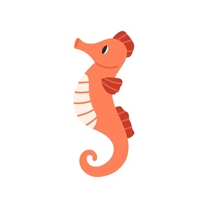 Cute seahorse isolated on white background. Simple underwater sea horse. Childish colored flat cartoon vector illustration of funny submarine creature.