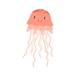 Cute smiling jellyfish or medusa. Funny underwater jelly fish with eyes. Childish colored flat cartoon vector illustration of submarine invertebrate creature.
