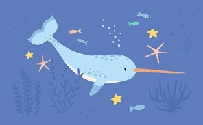Cute narwhal or unicorn fish in sea or ocean among seaweeds, corals and fishes. Magic fairy underwater animal. Childish colored flat cartoon vector illustration of funny unicornfish in water.