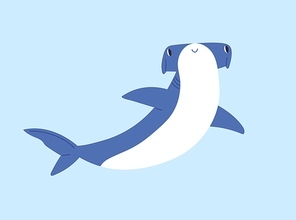 Cute hammerhead fish swimming. Isolated funny hammer-head shark. Childish colored flat cartoon vector illustration of exotic underwater creature.