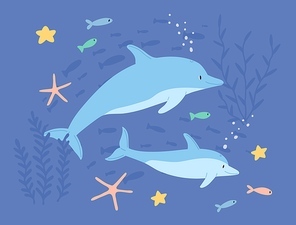 Underwater life of two cute dolphins in sea or ocean. Childish marine landscape or seascape with lovable fishes and colorful starfishes. Colored flat cartoon vector illustration of undersea world.