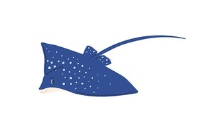 Cute spotty stingray with tail. Marine ray fish isolated on white background. Childish colored flat vector illustration of sea creature with stinger.