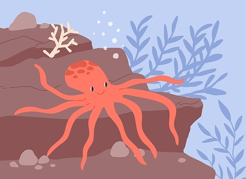Underwater life of cute and funny octopus resting at seabed among seaweeds. Smiling animal at sea or ocean bottom. Colored flat cartoon vector illustration of undersea world.