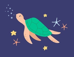 Cute sea turtle swimming in water among starfishes. Funny marine tortoise in ocean. Childish colored flat cartoon vector illustration of adorable underwater creature.