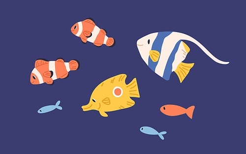 Set of small bright marine fishes. Collection of sea and ocean underwater fauna. Childish colored flat cartoon vector illustration of tropical underwater creatures.