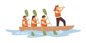 Leader and team of employees rowing in boat toward corporate goal. Concept of strategy, leadership, teamwork and collaboration in business. Flat vector illustration isolated on white .