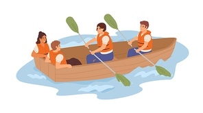 Ineffective team of tired employees and resting useless  coworkers in boat. Unfair work distribution. Concept of bad teamwork. Colored flat vector illustration isolated on white .