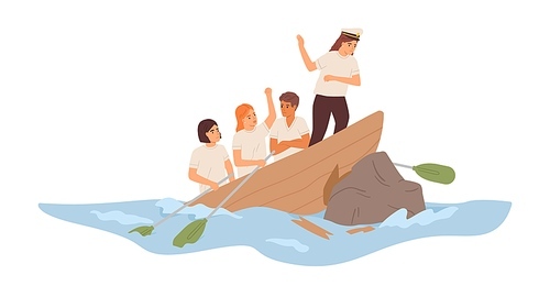 Business failure concept. Leader and team of employees colliding with problems and difficulties at work. Boat with coworkers in trouble. Colored flat vector illustration isolated on white .