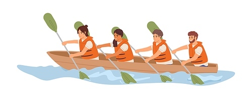 Friendly team rowing in boat together. Concept of effective collaboration and organized teamwork. Good relationship between colleagues. Colored flat vector illustration isolated on white .