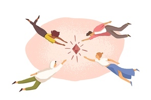 People aspiring and trying to achieve common goal, reach target and catch their fortune. Concept of aim aspiration. Flat vector illustration of characters striving for diamond isolated on white.