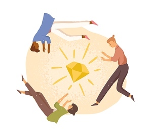 Team of people working on project together to achieve common goal. Staff around diamond. Concept of teamwork, cooperation and creation. Colored flat vector illustration isolated on white .