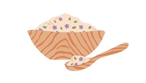 wooden spoon and bowl full of organic pink 씨솔트 with leaves and flowers for aromatherapy, spa and wellness treatment. flat vector illustration of homemade cosmetics isolated on white .