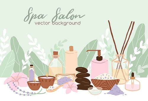 Spa, wellness and beauty salon background. Promotion template design with flowers, leaves, cosmetic bottles and packagings. Flat vector illustration of banner with organic cosmetics and plants.