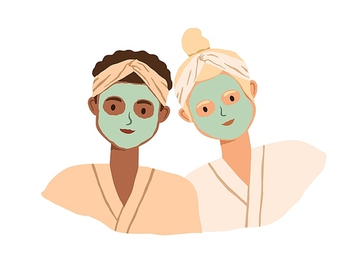 Portrait of two women with clay facial masks on their faces. Spa skin care treatment of girlfriends in bathrobe and headbands. Colored flat vector illustration isolated on white .