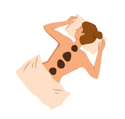 Relaxed woman resting during stone massage therapy in Spa and Wellness center. Body and skin care treatment for health and wellbeing in beauty salon. Flat vector illustration isolated on white.