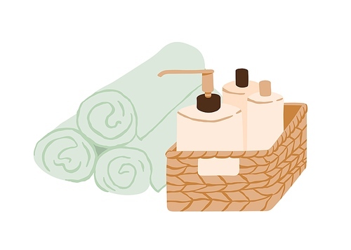 Wicker basket of beauty cosmetic products and pile of rolled towels isolated on white . Straw box with bottles of cosmetics for skincare and body treatment. Colored flat vector illustration.