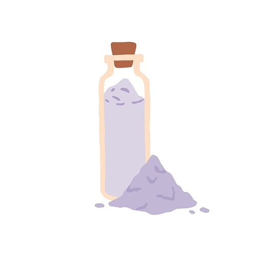 Glass bottle full of aromatic bath salt and heap of crystal powder. Organic cosmetic product with lavender fragrance for spa and beauty. Colored flat vector illustration isolated on white .