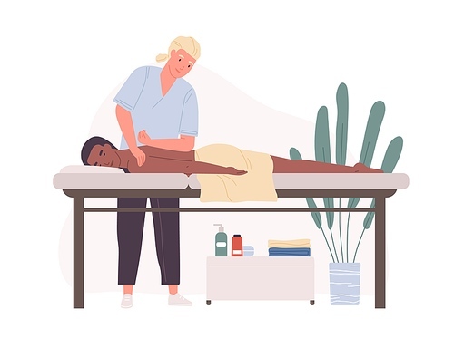Therapist practicing deep tissue massage or osteopathy. Professional physiotherapy for body recovery and rehabilitation. Colored flat cartoon vector illustration isolated on white .