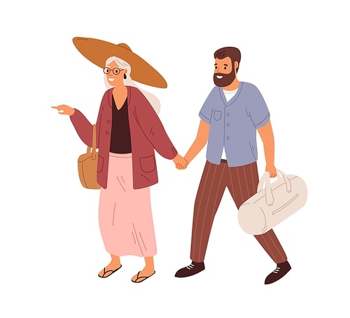 Love couple of people holding hands and walking. Man and woman of different ages traveling together. Old and young tourists. Colored flat vector illustration of travelers isolated on white .