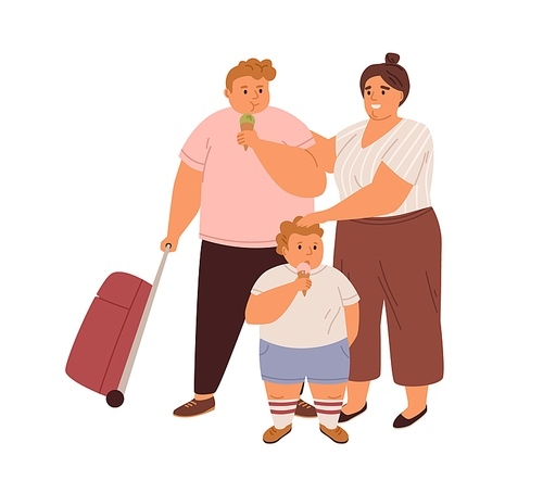 Happy family of obese people standing with luggage. Fat tourists eating ice-cream. Overweight mother, father and son traveling with baggage. Colored flat vector illustration isolated on white.
