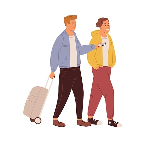 Happy friends walking with luggage. Love couple of young men traveling together with baggage. Colored flat vector illustration of tourists, travelers or passengers isolated on white .