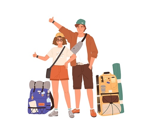 Young hitchhikers with backpacks standing and hitchhiking. Happy couple traveling by hitching. Tourists in summer casual clothes waiting for car. Flat vector illustration isolated on white .