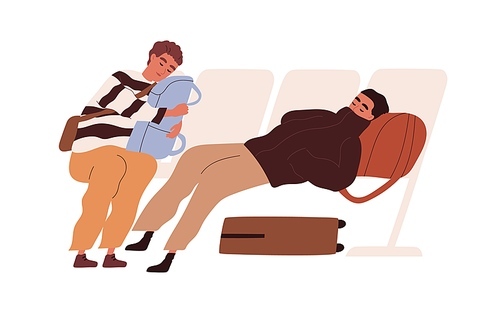 Tired passengers with suitcases sleeping in chairs and waiting for delayed flight. Young travelers with luggage napping in airport. Color flat cartoon vector illustration isolated on white .