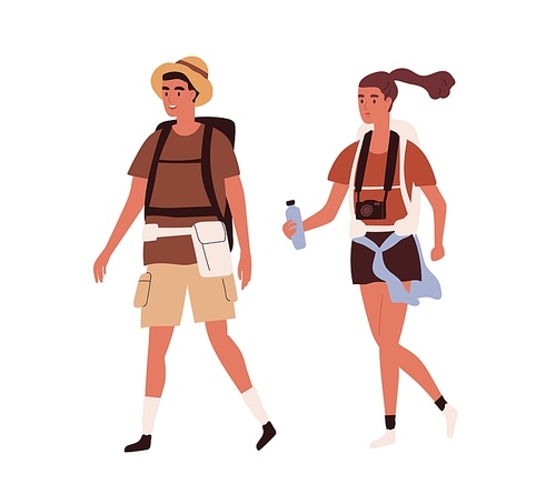 Young active couple traveling together with backpacks on summer holidays. Happy tourists walking with bags, camera and water. Colored flat vector illustration of travelers isolated on white