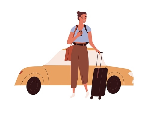 Happy woman with luggage arrived at airport by taxi car. Female tourist with suitcase and mobile phone before summer holiday trip. Flat vector illustration of traveler isolated on white .