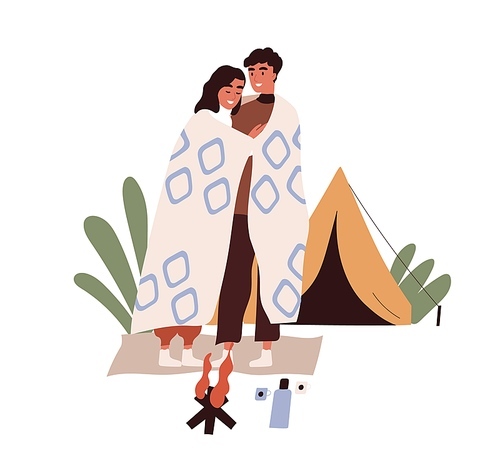 Romantic love couple on camping. Tourists hugging by bonfire in nature. Colored flat cartoon vector illustration of young man and woman traveling together isolated on white .