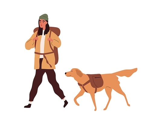 Hiker with backpack traveling together with dog. Active person hiking with pet. Colored flat cartoon vector illustration of young woman walking with labrador isolated on white .