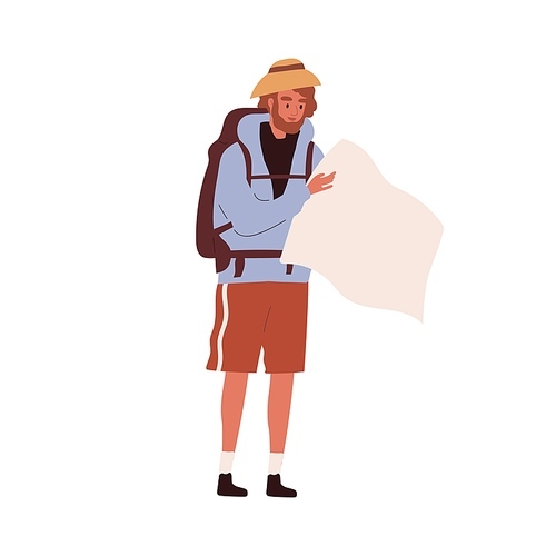 Tourist traveling with backpack. Hiker looking for route in map isolated on white . Colored flat cartoon vector illustration of happy backpacker or traveler during hiking or sightseeing.