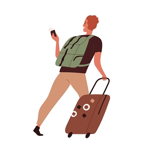 Happy person traveling with luggage. Tourist saying goodbye and leaving with suitcase, passport and ticket. Colored flat vector illustration of male traveler isolated on white .