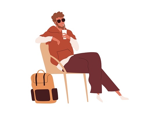 Passenger sitting in chair with cup of drink and waiting for departure. Young tourist traveling light with backpack. Flat vector illustration of bearded man in sunglasses isolated on white .