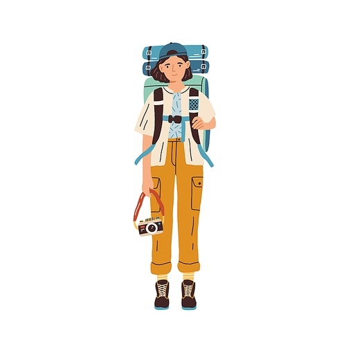Young woman with backpack and camera ready for traveling. Female tourist or hiker in hiking clothes isolated on white . Colored flat vector illustration.