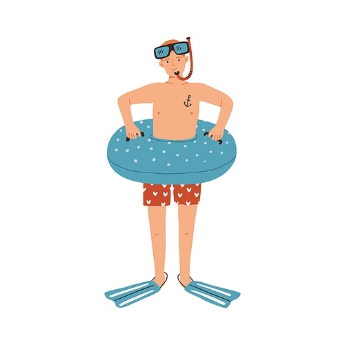 Happy young man standing in flippers, diving mask or goggles with snorkeling tube. Funny male character with swimming circle. Colored flat vector illustration isolated on white .