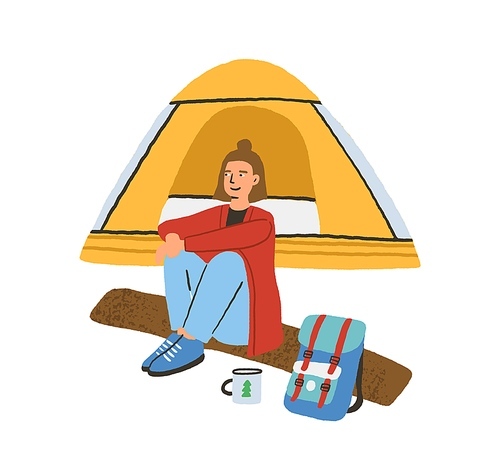 Traveling alone concept. Young woman sitting on log near camping tent. Enjoying outdoor recreation in solitude. Colorful flat vector illustration isolated on white .