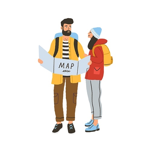 Young happy romantic couple during hiking. Modern man and woman with road map looking for route. Tourist characters traveling with backpacks. Flat vector illustration isolated on white .
